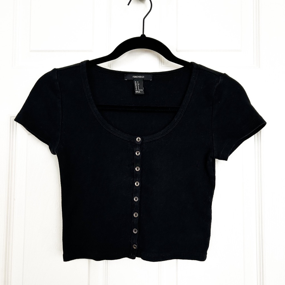 Black Ribbed Crop Top with Button Detail